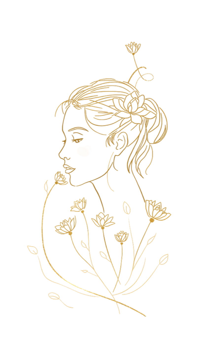 Line illustration of a serene woman surrounded by lotus flowers — OnzonThai
